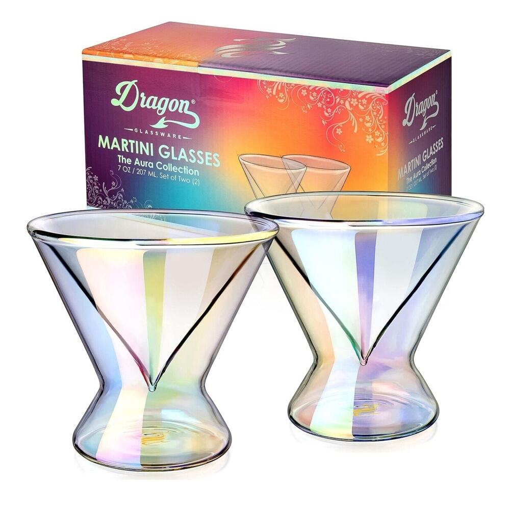 Dragon Glassware Iridescent Stemless Martini Glasses Set of 2 Insulated 7oz Gift